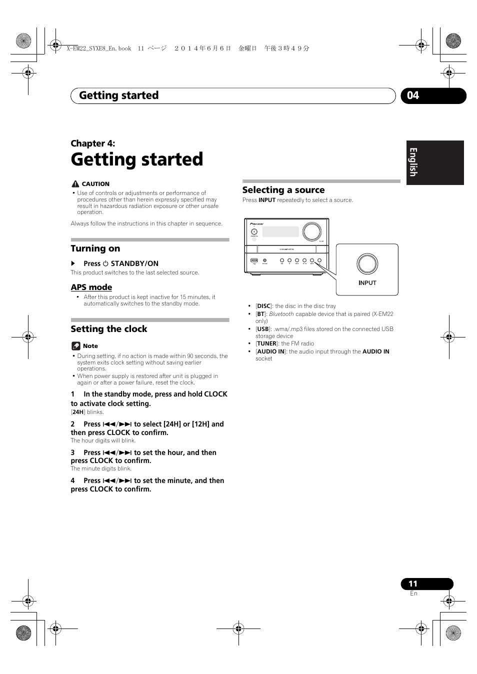 04 getting started, Turning on, Aps mode | Setting the clock, Selecting a source, Getting started, Getting started 04, English français español, Chapter 4 | Pioneer X-EM12 User Manual | Page 11 / 28
