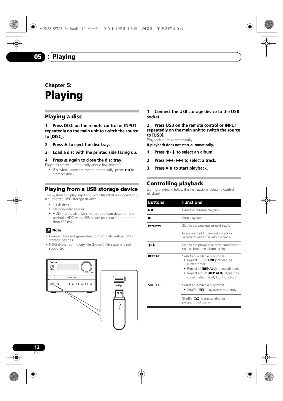 05 playing, Playing a disc, Playing from a usb storage device | Controlling playback, Playing, Playing 05, Chapter 5 | Pioneer X-EM12 User Manual | Page 12 / 28