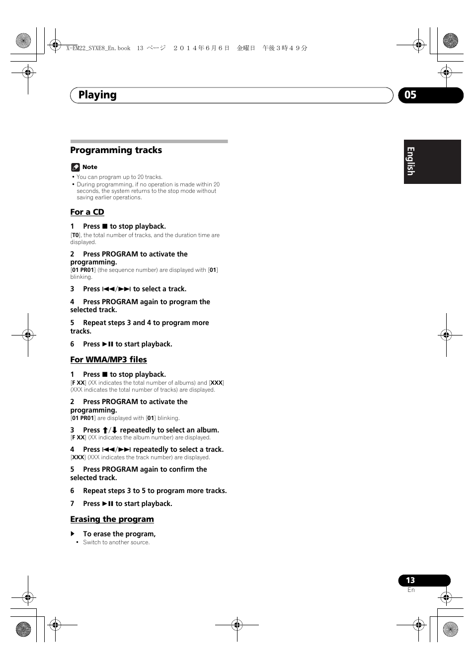 Programming tracks, For a cd, For wma/mp3 files | Erasing the program, Playing 05, English français español | Pioneer X-EM12 User Manual | Page 13 / 28