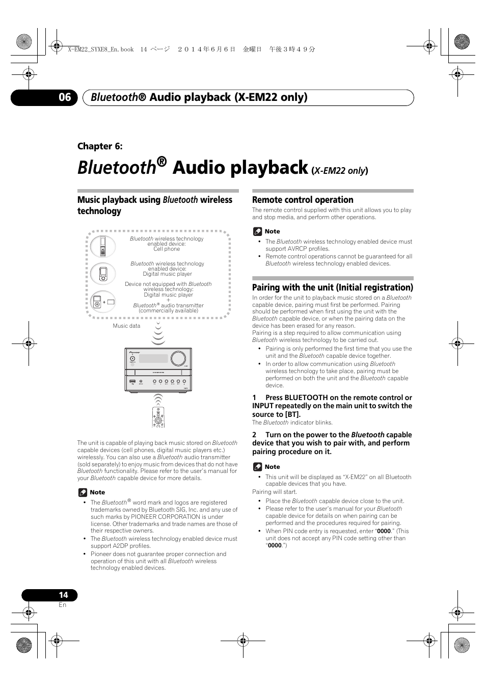 06 bluetooth ® audio playback (x-em22, Only), Music playback using bluetooth wireless | Technology, Remote control operation, Pairing with the unit (initial registration), Bluetooth, Audio playback, Bluetooth ® audio playback (x-em22 only), Chapter 6 | Pioneer X-EM12 User Manual | Page 14 / 28