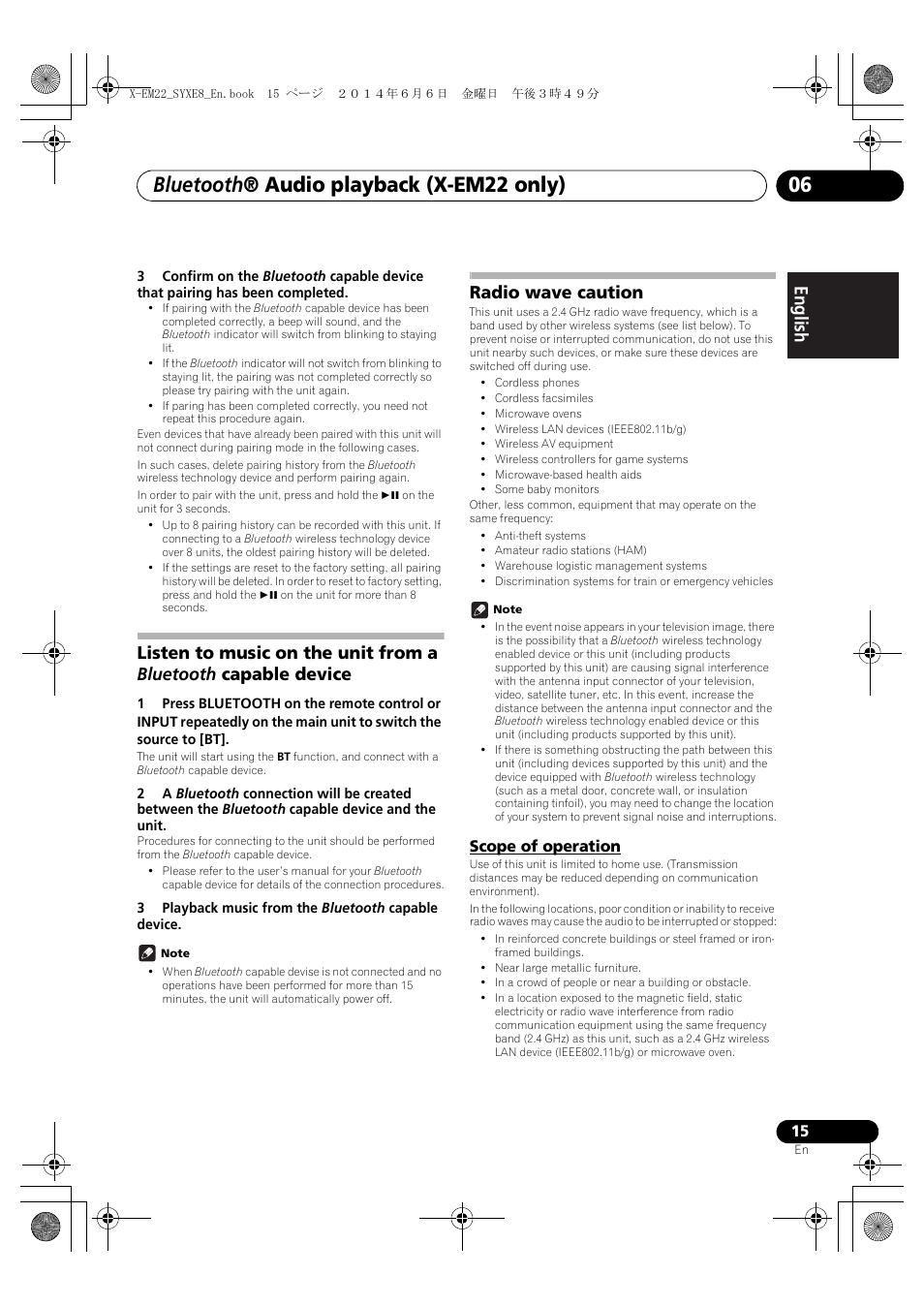 Listen to music on the unit from a bluetooth, Capable device, Radio wave caution | Scope of operation, Bluetooth ® audio playback (x-em22 only), English français español | Pioneer X-EM12 User Manual | Page 15 / 28