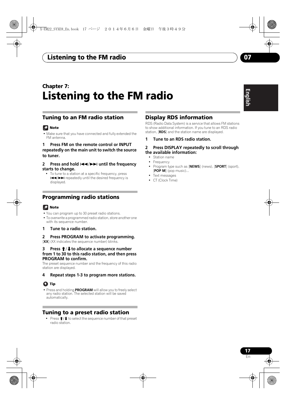 07 listening to the fm radio, Tuning to an fm radio station, Programming radio stations | Tuning to a preset radio station, Display rds information, Listening to the fm radio, Listening to the fm radio 07, English français español, Chapter 7 | Pioneer X-EM12 User Manual | Page 17 / 28