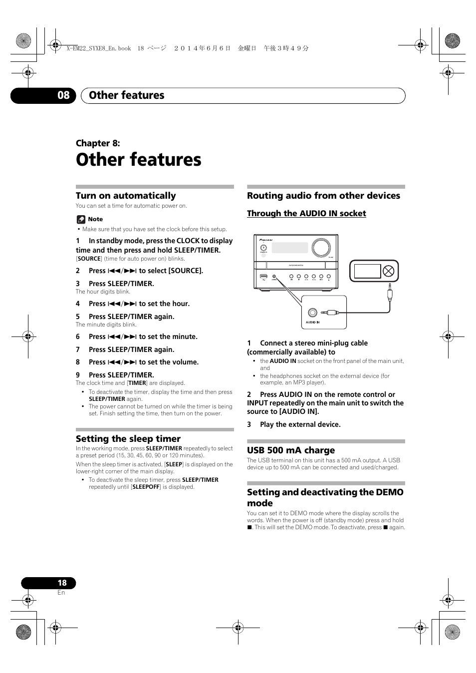 08 other features, Turn on automatically, Setting the sleep timer | Routing audio from other devices, Through the audio in socket, Usb 500 ma charge, Setting and deactivating the demo mode, Other features, Other features 08, Chapter 8 | Pioneer X-EM12 User Manual | Page 18 / 28