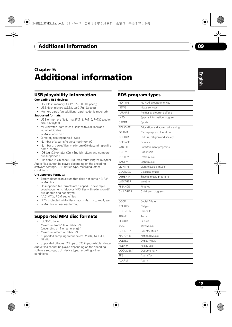 09 additional information, Usb playability information, Supported mp3 disc formats | Rds program types, Additional information, Additional information 09, English français español, Chapter 9 | Pioneer X-EM12 User Manual | Page 19 / 28