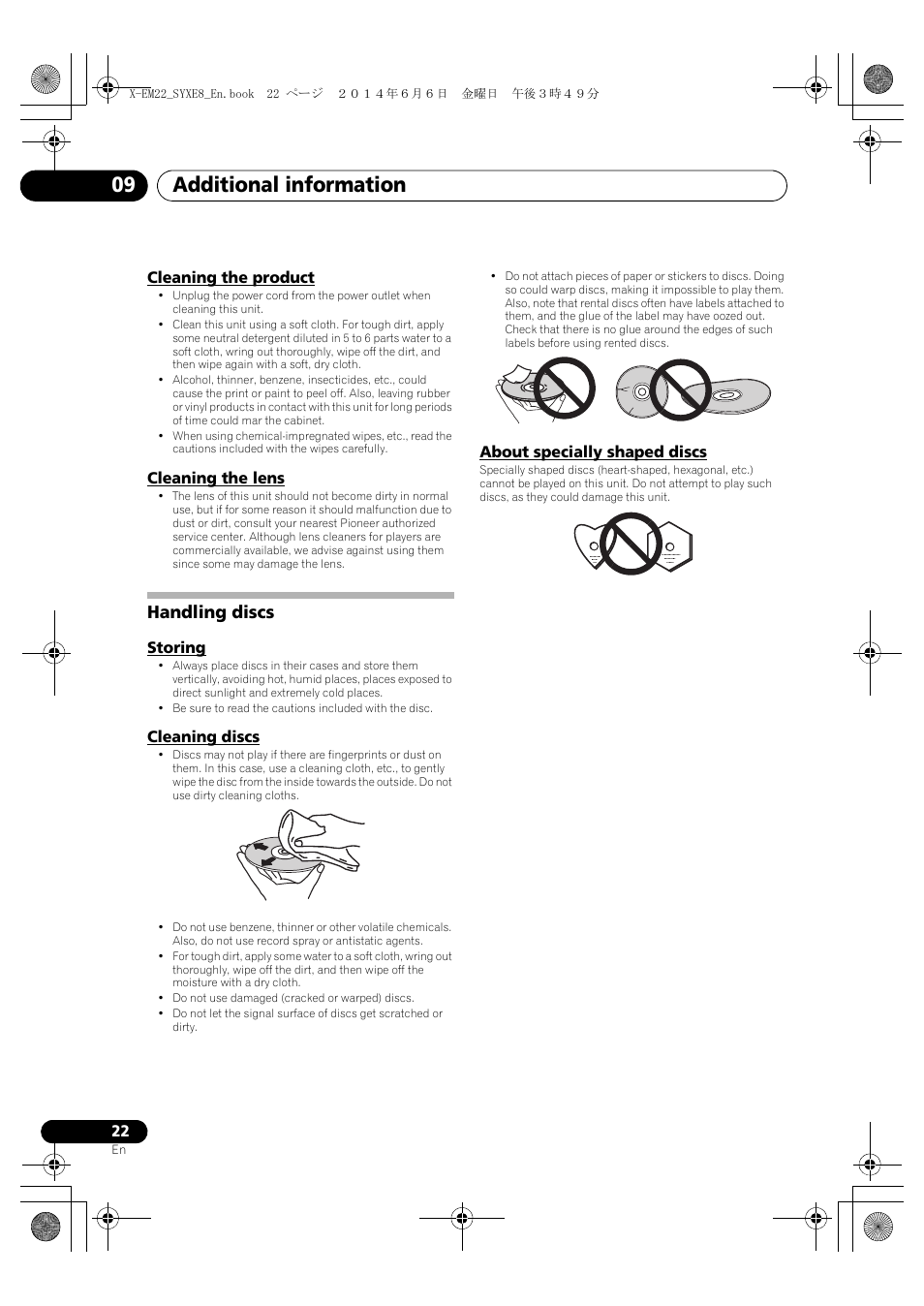 Cleaning the product, Cleaning the lens, Handling discs | Storing, Cleaning discs, About specially shaped discs, Additional information 09 | Pioneer X-EM12 User Manual | Page 22 / 28