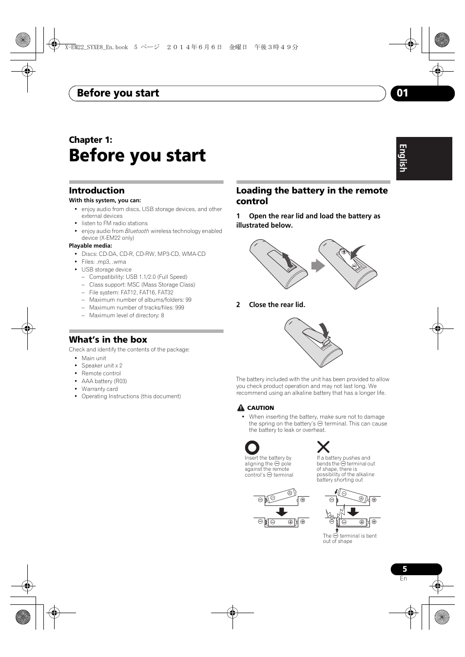 01 before you start, Introduction, What’s in the box | Loading the battery in the remote control, Before you start, Before you start 01, English français español, Chapter 1 | Pioneer X-EM12 User Manual | Page 5 / 28