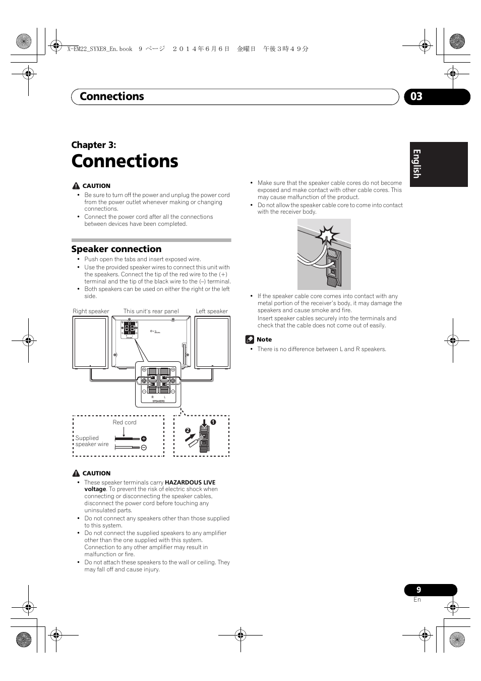03 connections, Speaker connection, Connections | Connections 03, English français español, Chapter 3 | Pioneer X-EM12 User Manual | Page 9 / 28