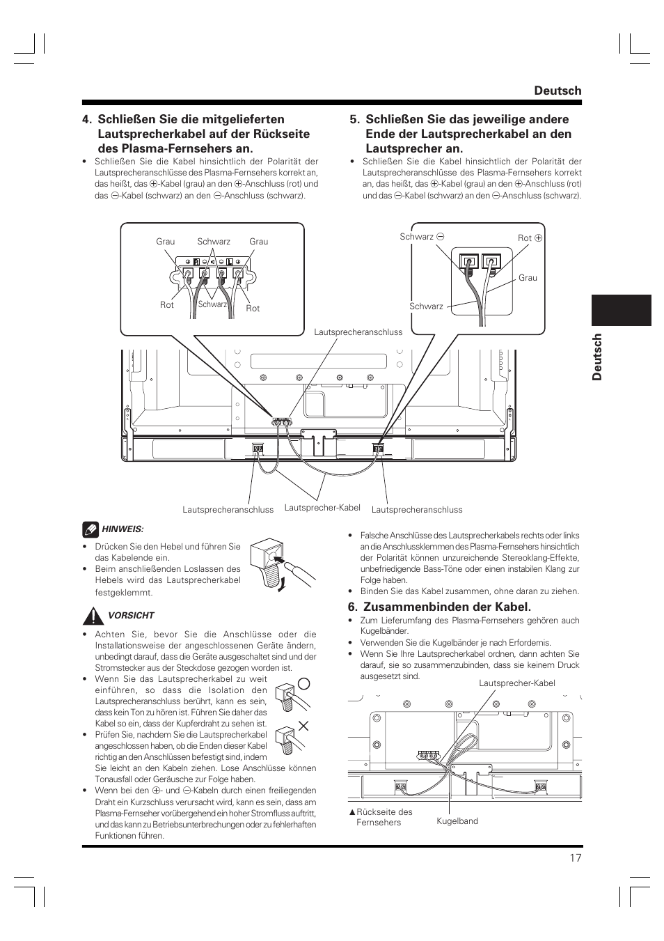 Deutsch, Zusammenbinden der kabel | Pioneer PDP-S40S User Manual | Page 17 / 44