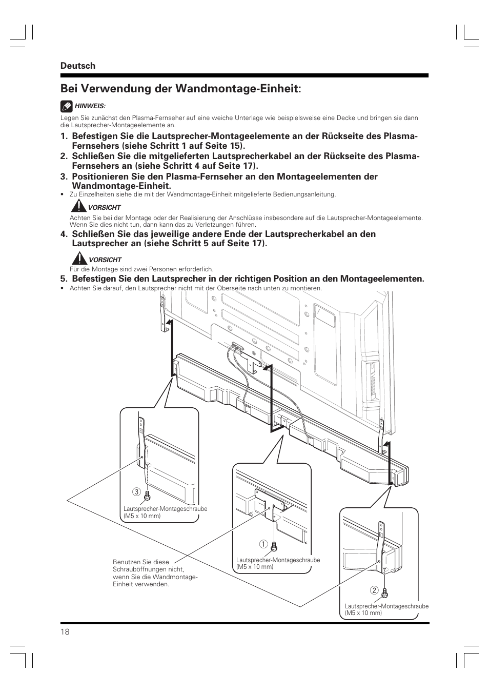 Bei verwendung der wandmontage-einheit | Pioneer PDP-S40S User Manual | Page 18 / 44