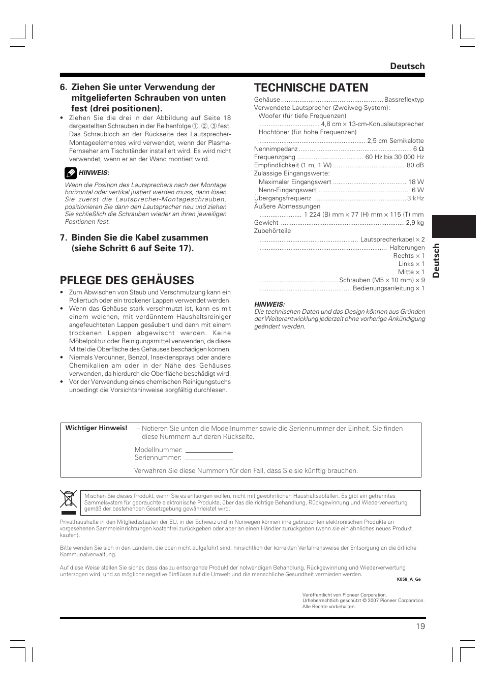 Pflege des gehäuses, Technische daten, Deutsch | Pioneer PDP-S40S User Manual | Page 19 / 44