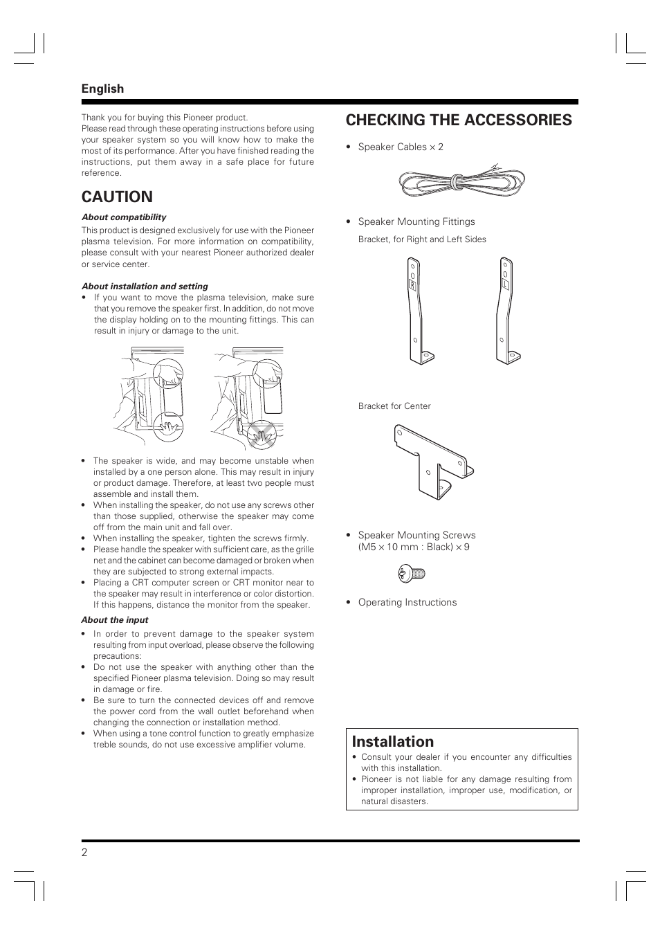 Caution, Checking the accessories, Installation | English | Pioneer PDP-S40S User Manual | Page 2 / 44