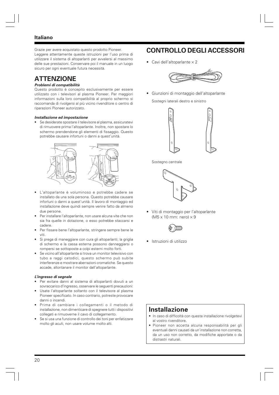 Installazione, Attenzione, Controllo degli accessori | Italiano | Pioneer PDP-S40S User Manual | Page 20 / 44