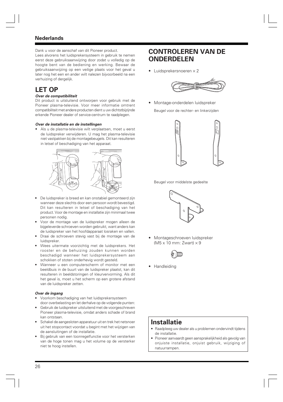 Installatie, Let op, Controleren van de onderdelen | Nederlands | Pioneer PDP-S40S User Manual | Page 26 / 44