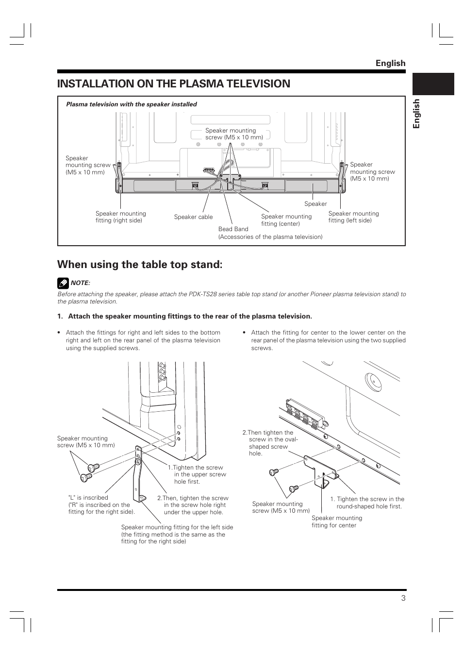 Operating instructions, Speaker system, Installation on the plasma television | When using the table top stand, English | Pioneer PDP-S40S User Manual | Page 3 / 44