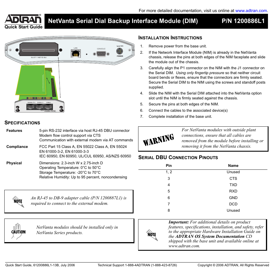 ADTRAN NetVanta Serial Dial Backup Interface Module (DIM) none User Manual | 2 pages