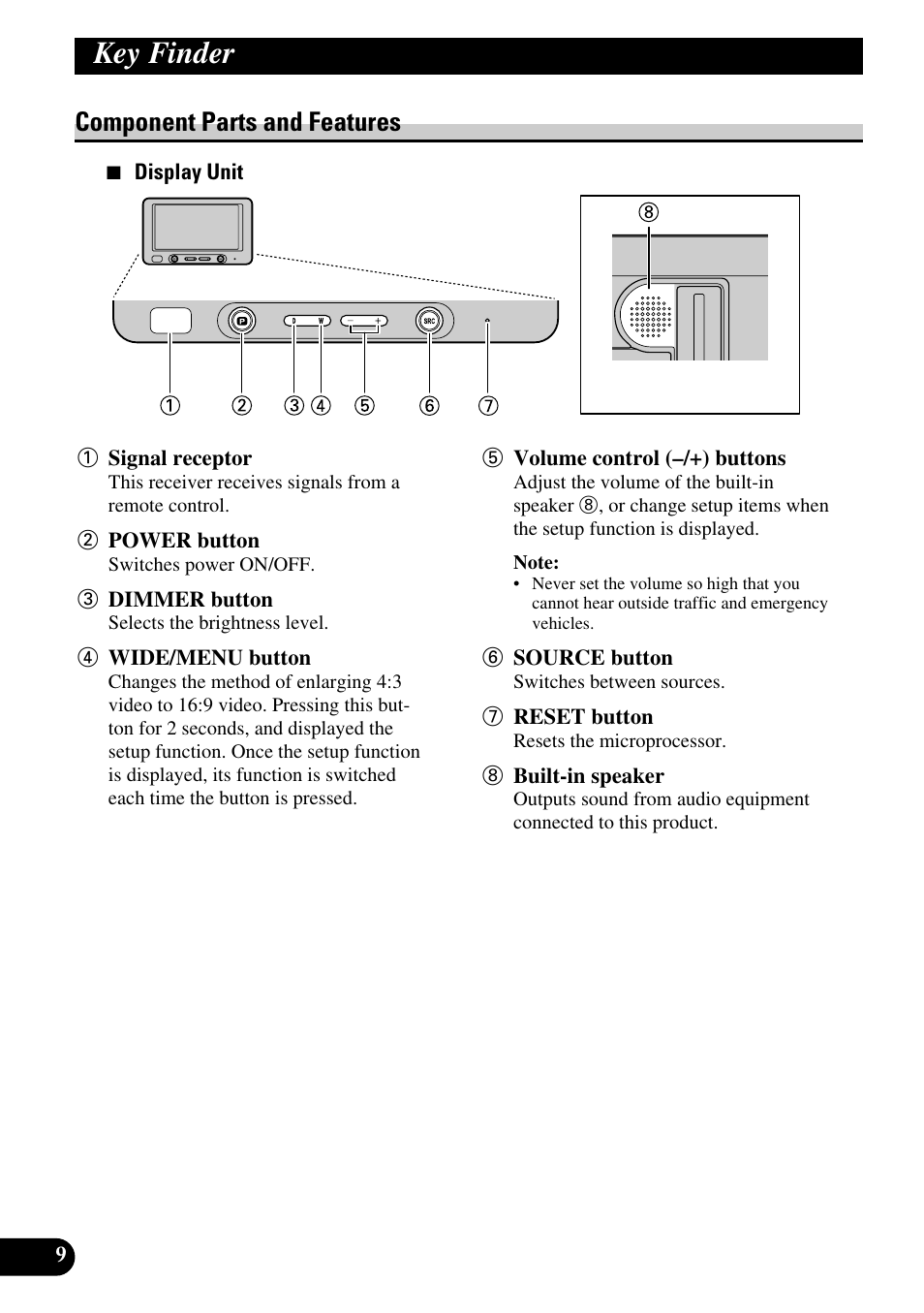 Key finder, Component parts and features | Pioneer AVD-W6200 User Manual | Page 10 / 88