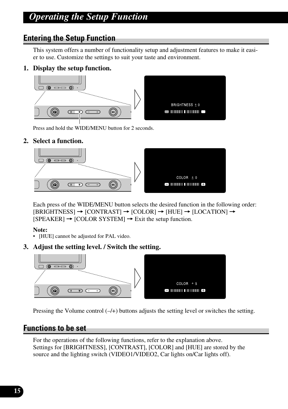 Entering the setup function functions to be set, Operating the setup function, Entering the setup function | Functions to be set | Pioneer AVD-W6200 User Manual | Page 16 / 88