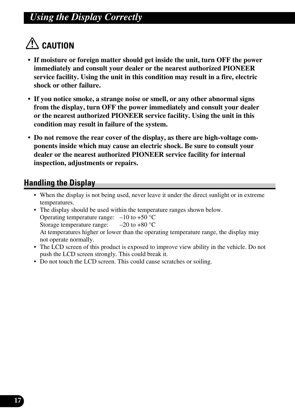 Using the display correctly, Handling the display, Caution | Pioneer AVD-W6200 User Manual | Page 18 / 88