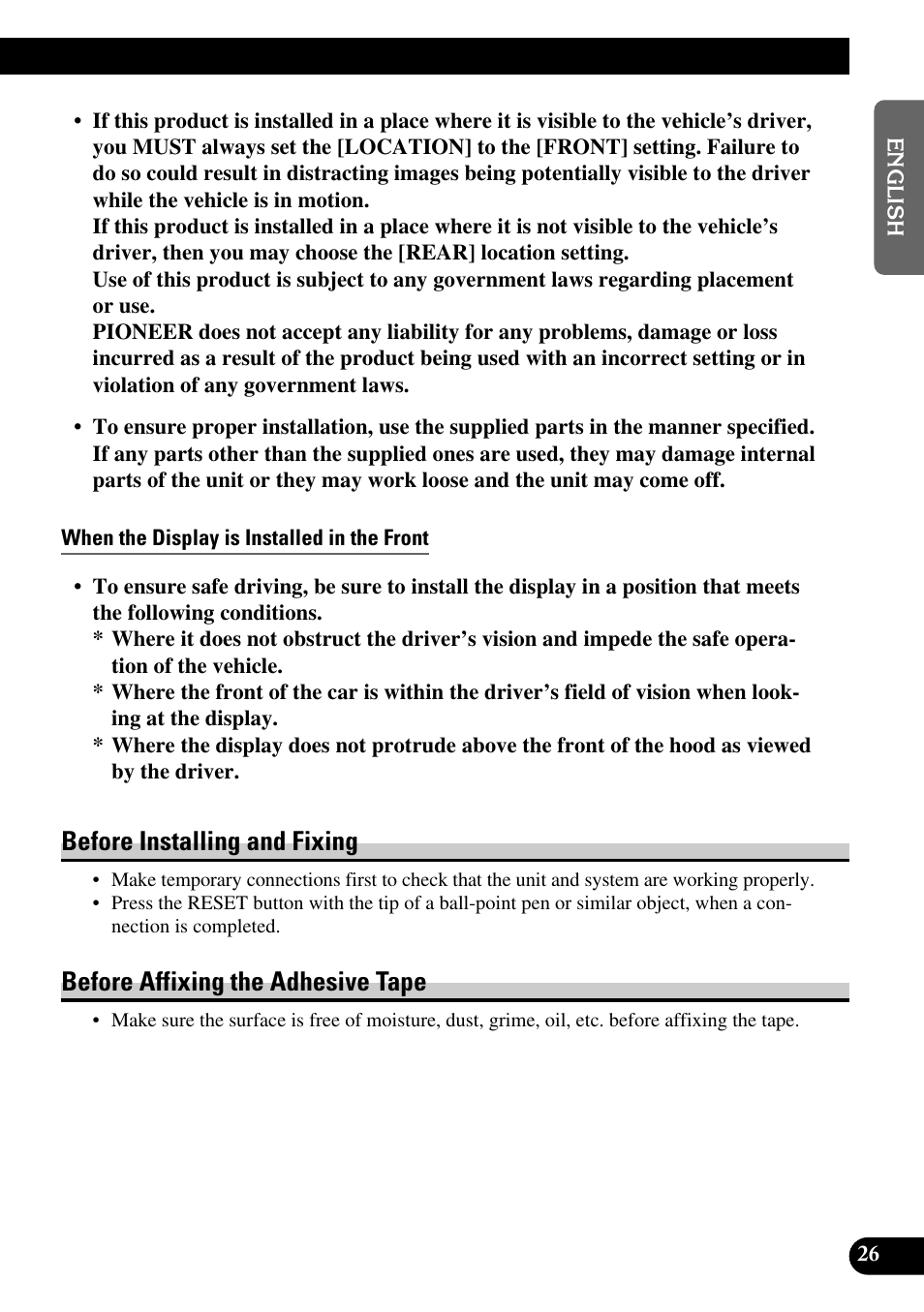 When the display is installed in the front, Before installing and fixing, Before affixing the adhesive tape | Pioneer AVD-W6200 User Manual | Page 27 / 88