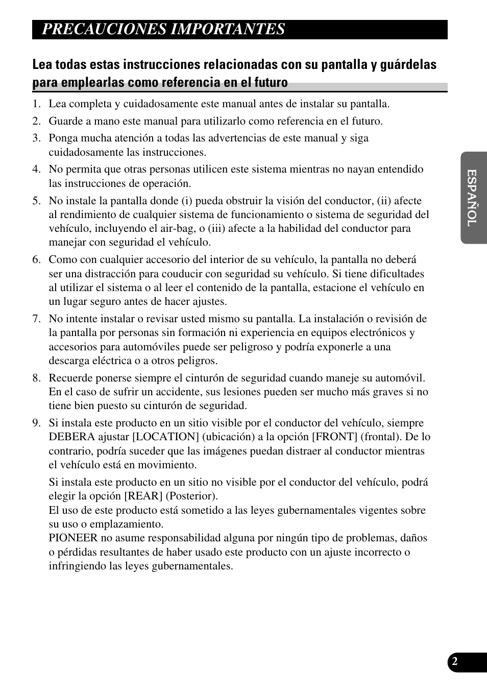 Precauciones importantes, Lea todas estas instrucciones relacionadas | Pioneer AVD-W6200 User Manual | Page 31 / 88