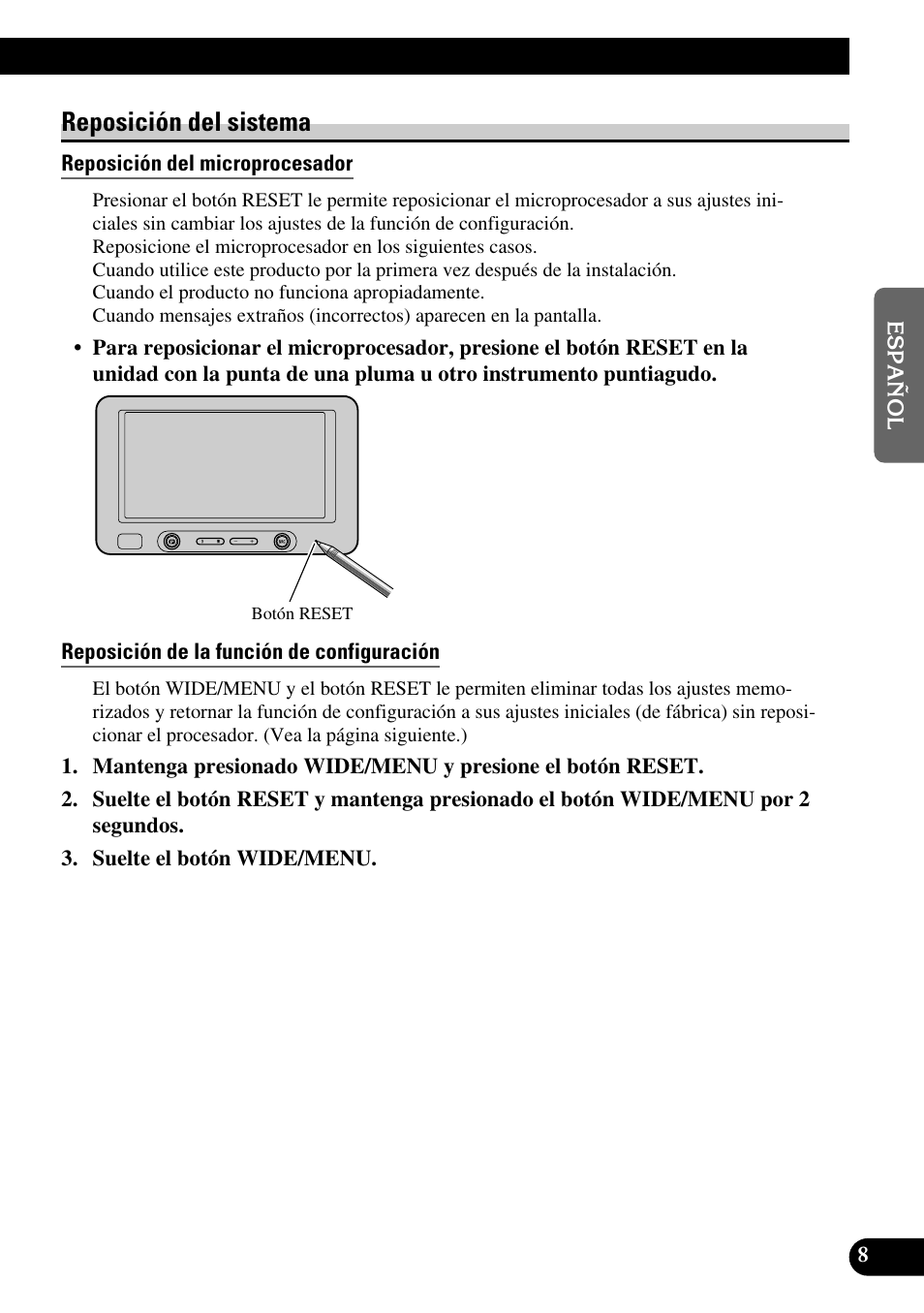 Reposición del sistema, Reposición del microprocesador, Reposición de la función de configuración | Pioneer AVD-W6200 User Manual | Page 37 / 88