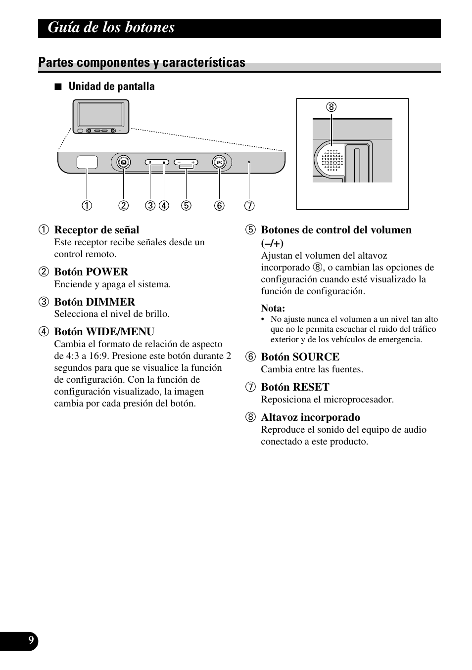 Guía de los botones, Partes componentes y características | Pioneer AVD-W6200 User Manual | Page 38 / 88