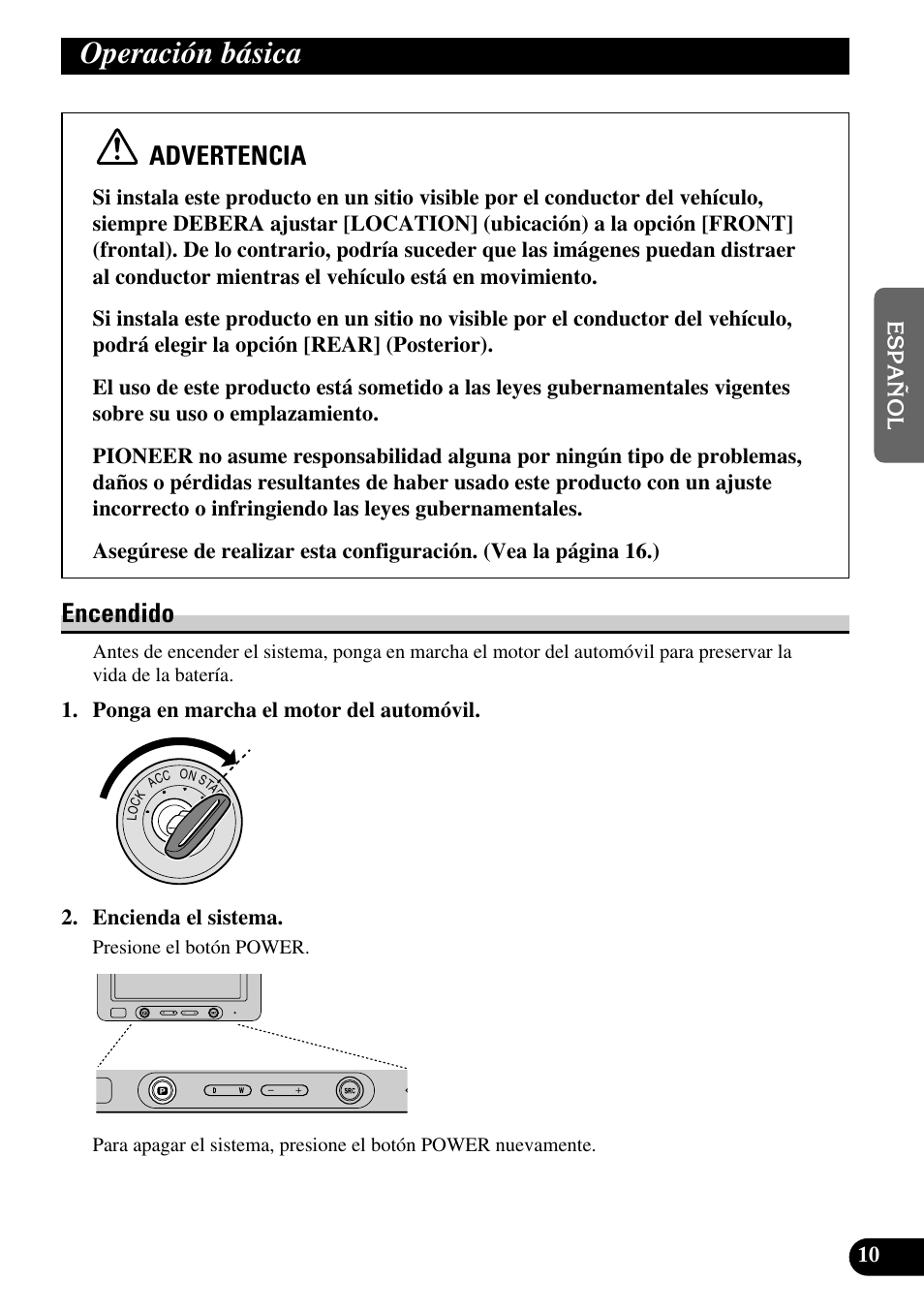 Operación básica, Encendido, Advertencia | Pioneer AVD-W6200 User Manual | Page 39 / 88