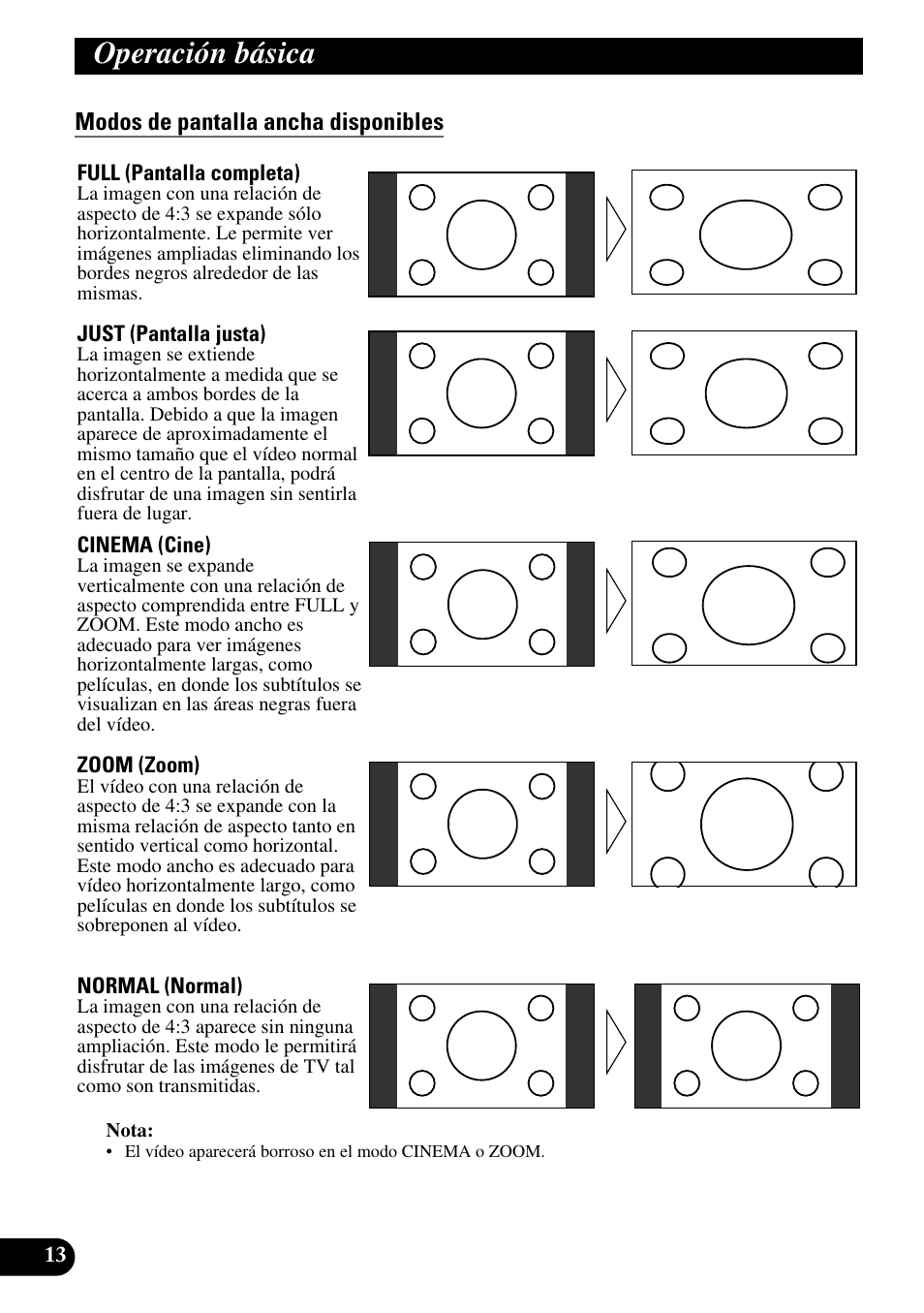 Modos de pantalla ancha disponibles, Operación básica | Pioneer AVD-W6200 User Manual | Page 42 / 88
