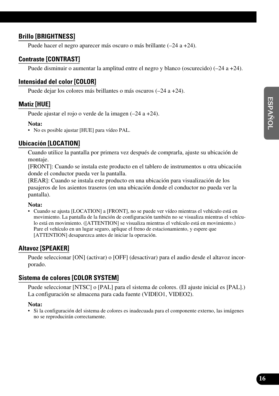 Brillo [brightness, Contraste [contrast, Intensidad del color [color | Matiz [hue, Ubicación [location, Altavoz [speaker, Sistema de colores [color system | Pioneer AVD-W6200 User Manual | Page 45 / 88