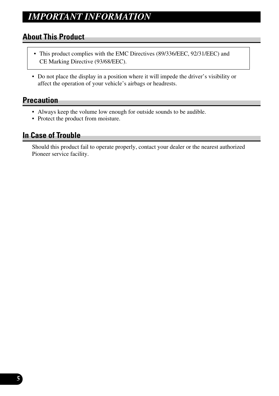 Important information, About this product precaution in case of trouble, About this product | Precaution | Pioneer AVD-W6200 User Manual | Page 6 / 88