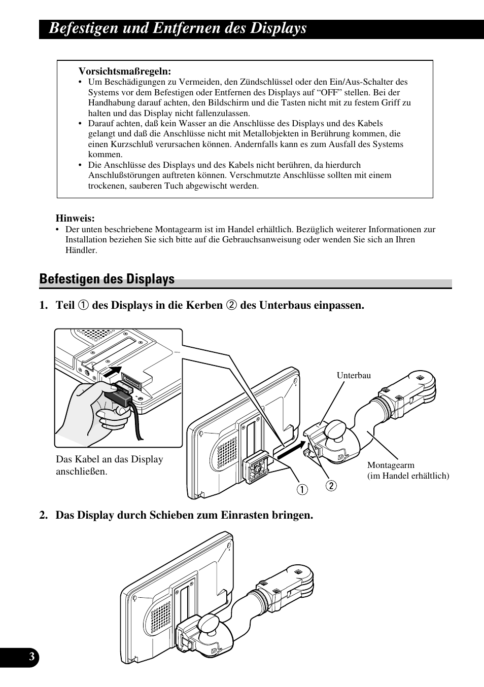 Befestigen und entfernen, Des displays, Befestigen des displays | Befestigen und entfernen des displays | Pioneer AVD-W6200 User Manual | Page 60 / 88