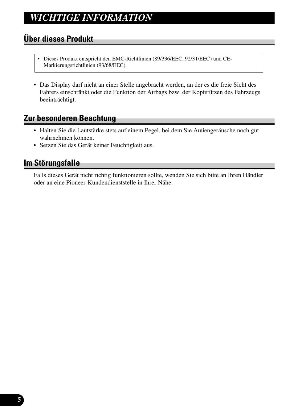 Wichtige information, Über dieses produkt, Zur besonderen beachtung | Im störungsfalle | Pioneer AVD-W6200 User Manual | Page 62 / 88