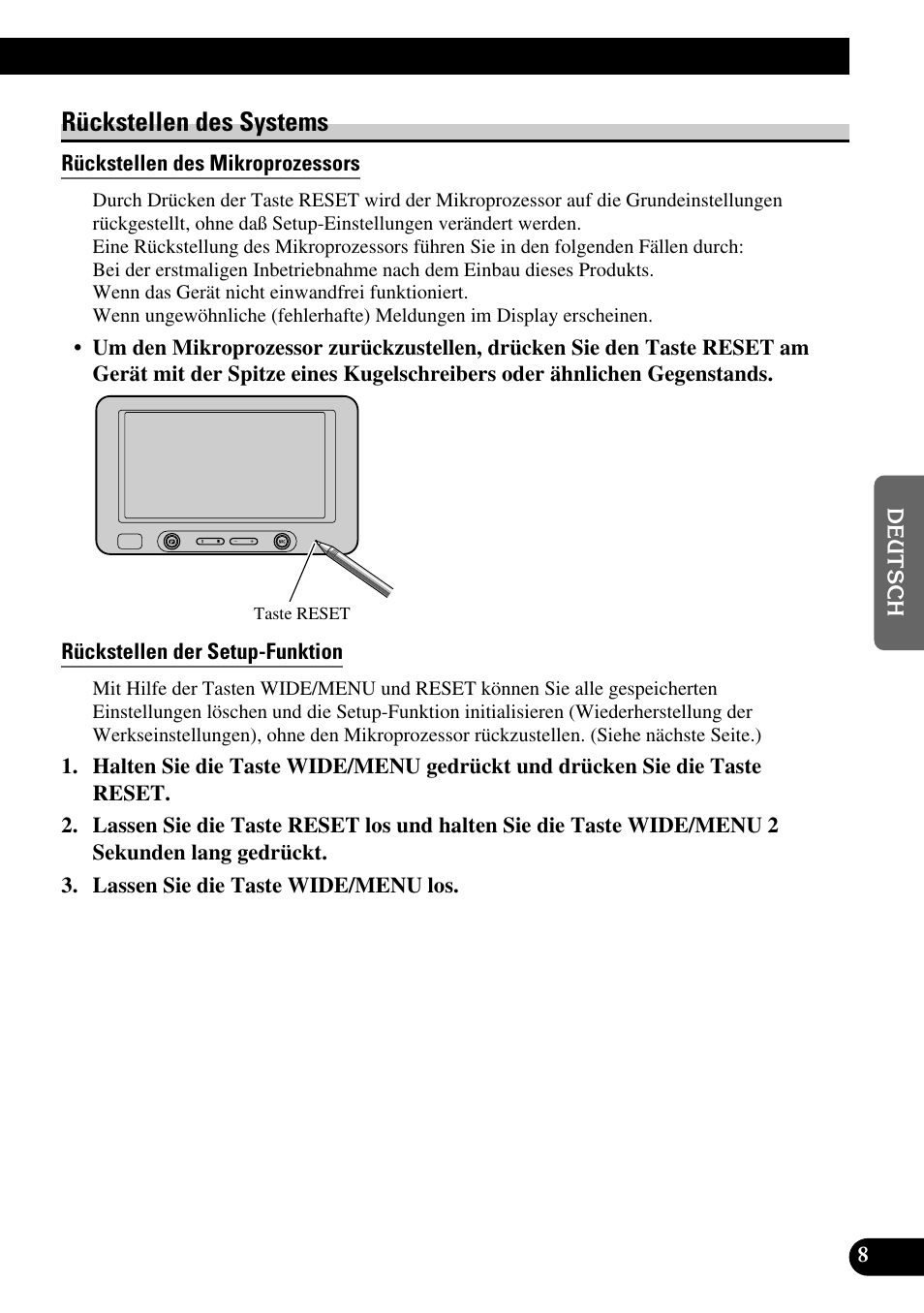 Rückstellen des systems, Rückstellen des mikroprozessors, Rückstellen der setup-funktion | Pioneer AVD-W6200 User Manual | Page 65 / 88