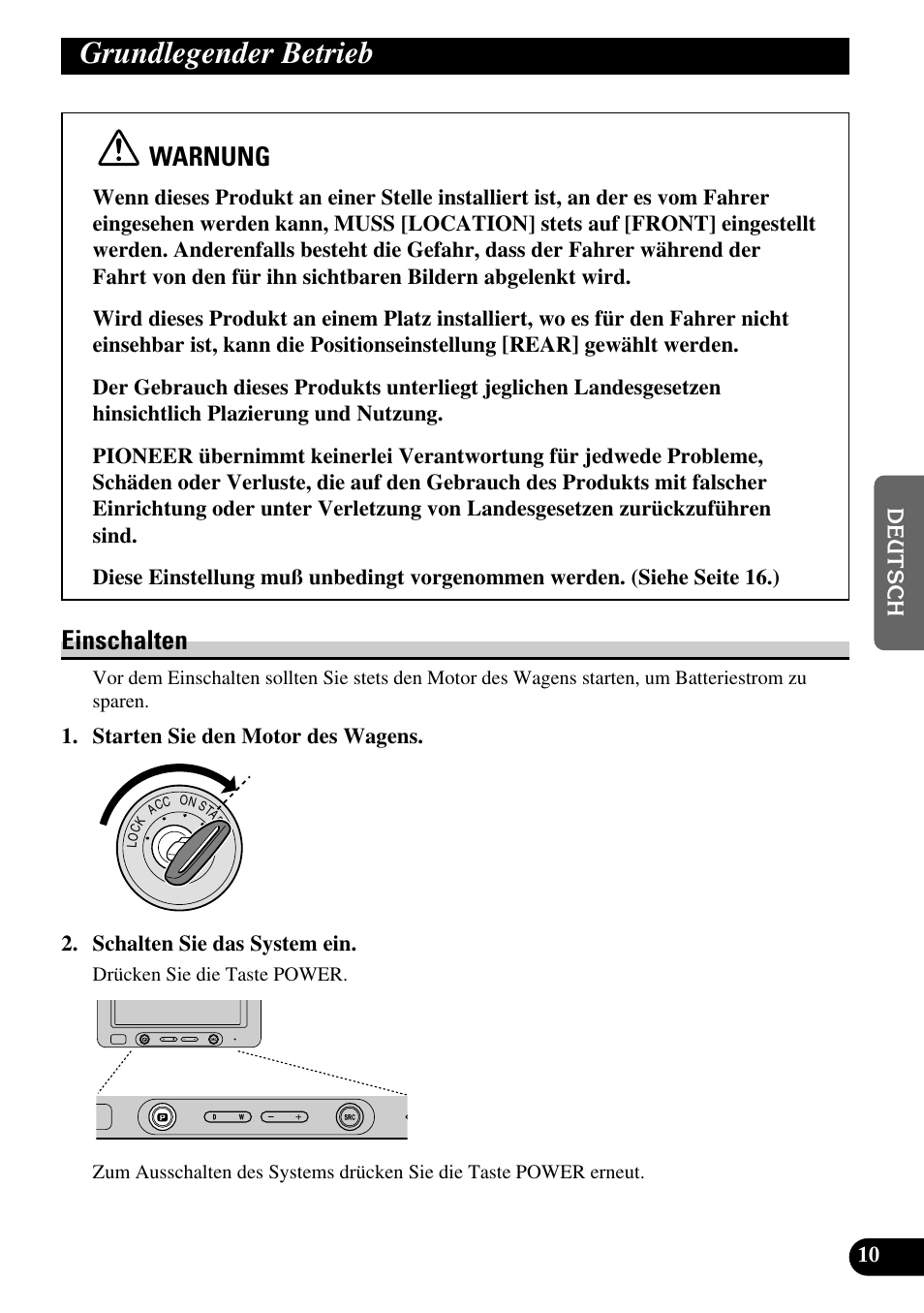 Grundlegender betrieb, Einschalten, Warnung | Pioneer AVD-W6200 User Manual | Page 67 / 88