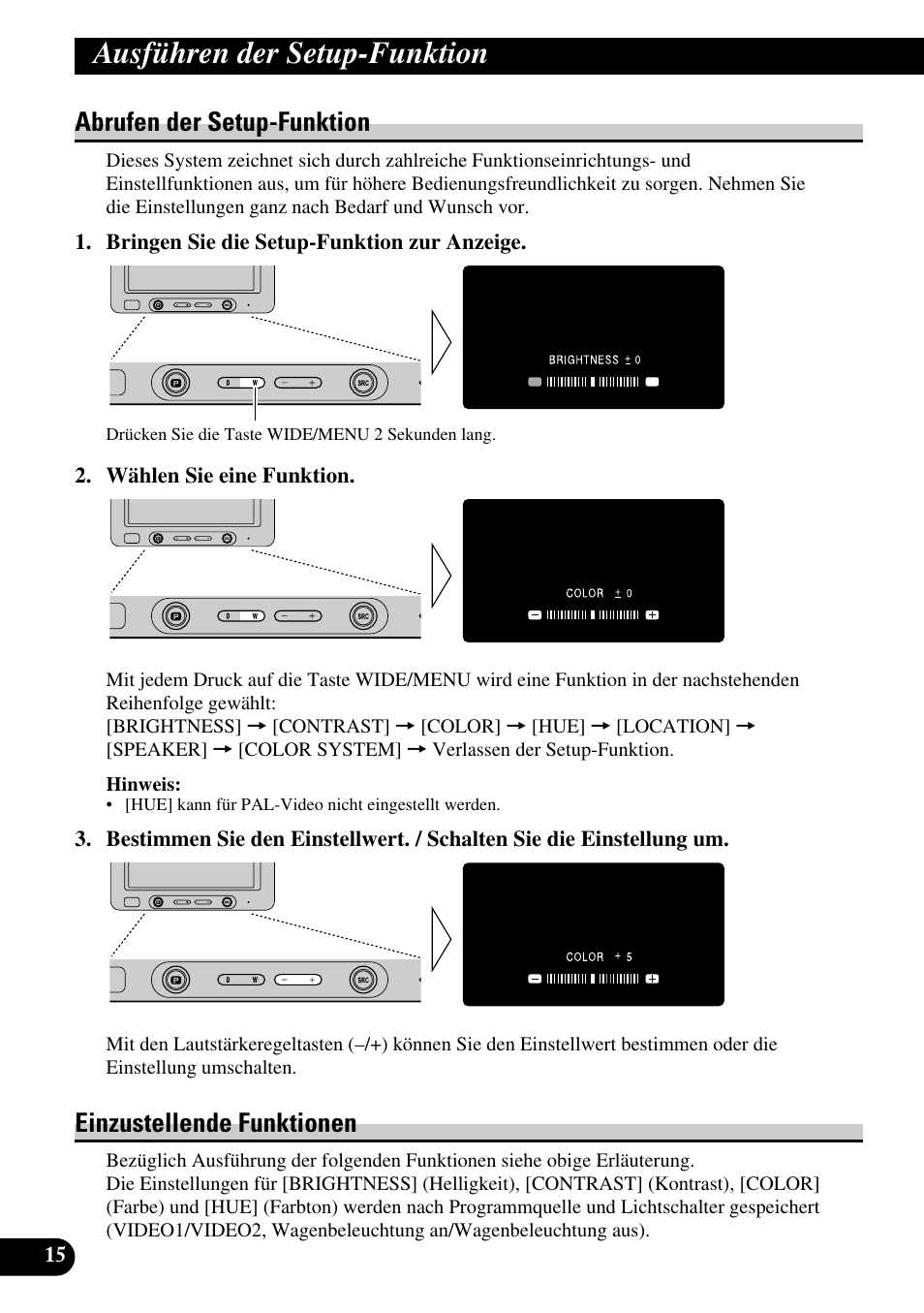 Ausführen der setup-funktion, Abrufen der setup-funktion, Einzustellende funktionen | Pioneer AVD-W6200 User Manual | Page 72 / 88