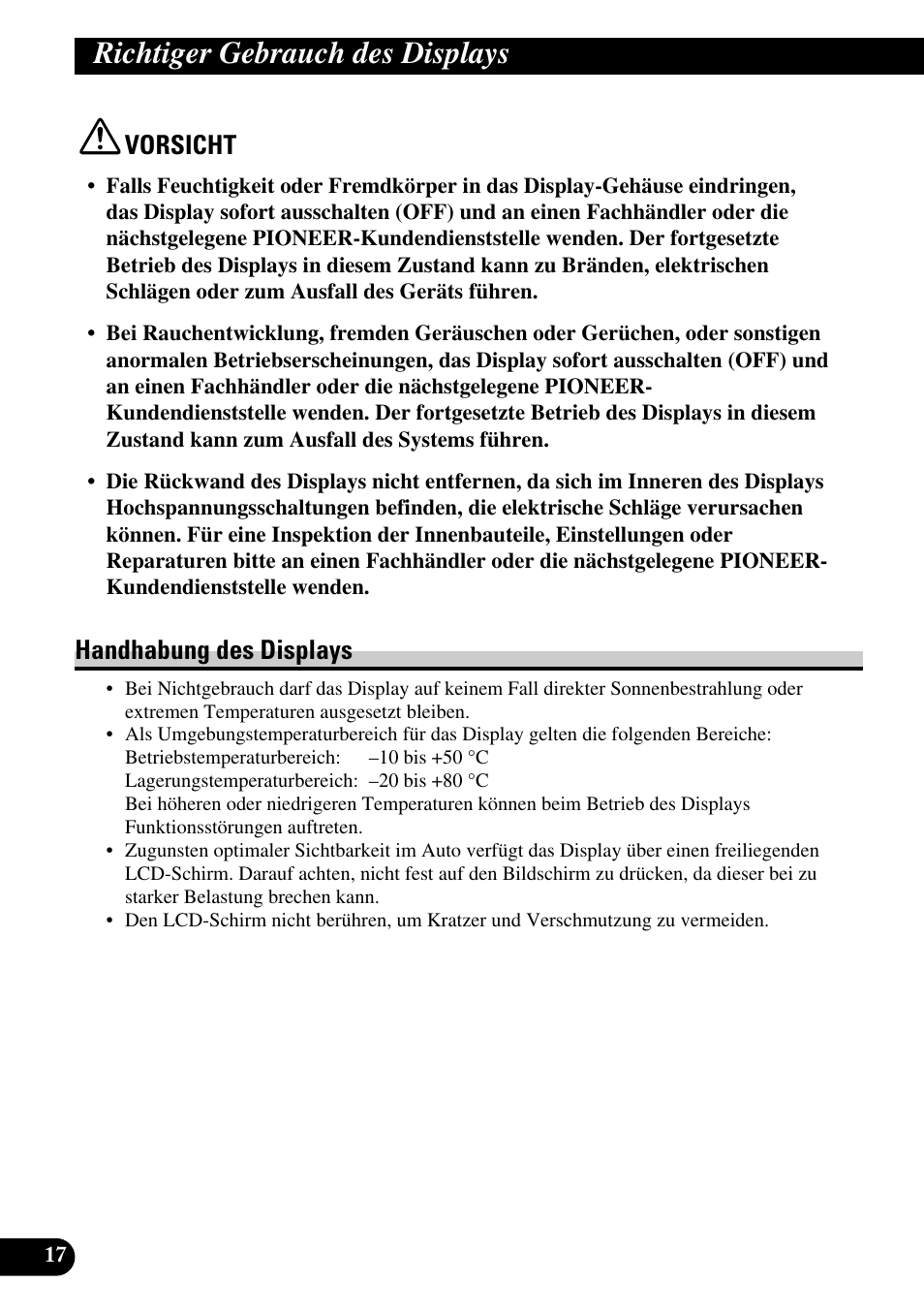 Richtiger gebrauch des displays, Handhabung des displays, Vorsicht | Pioneer AVD-W6200 User Manual | Page 74 / 88