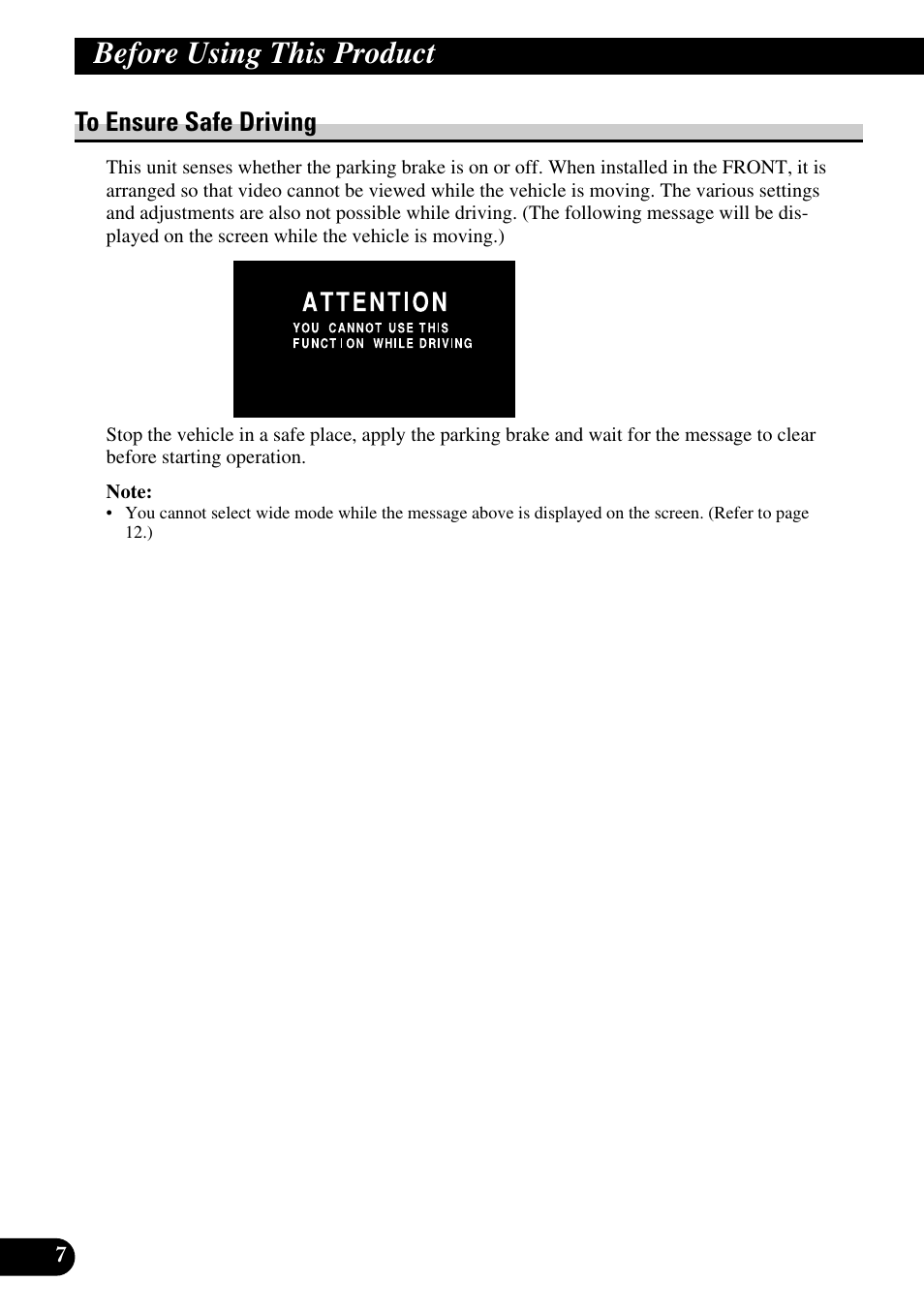 To ensure safe driving, Before using this product | Pioneer AVD-W6200 User Manual | Page 8 / 88