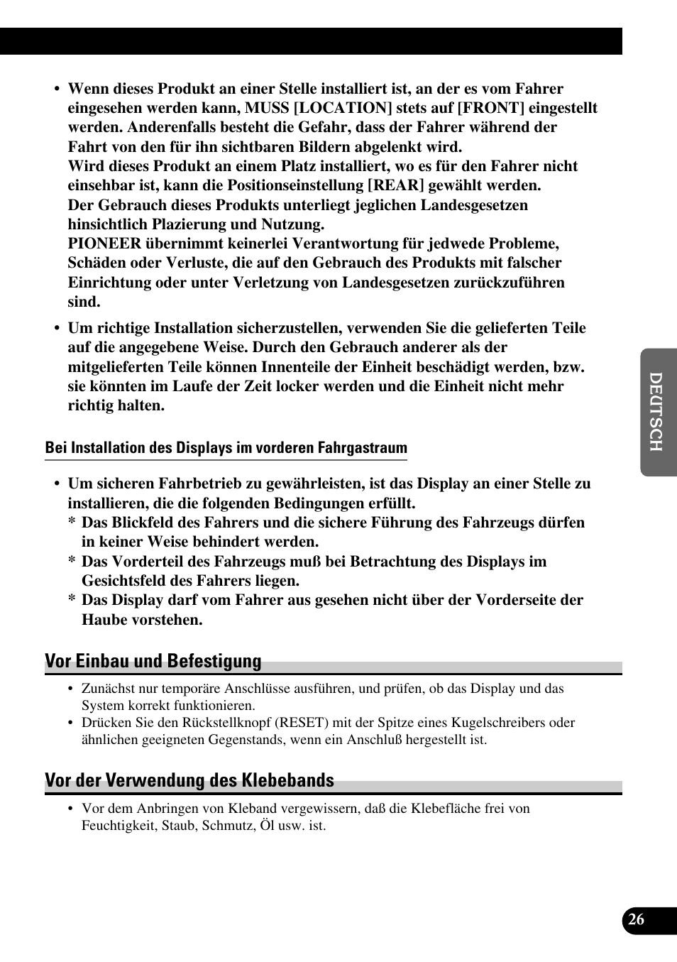 Vor einbau und befestigung, Vor der verwendung des klebebands | Pioneer AVD-W6200 User Manual | Page 83 / 88