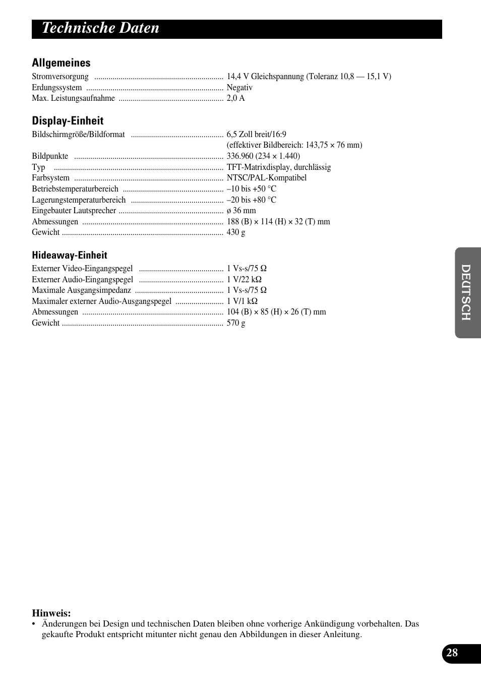 Technische daten | Pioneer AVD-W6200 User Manual | Page 85 / 88