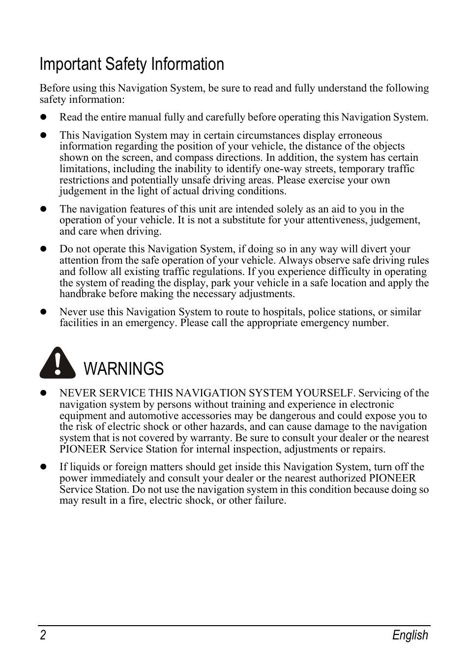 Important safety information, Warnings, 2 english | Pioneer AVIC-S1 User Manual | Page 2 / 11