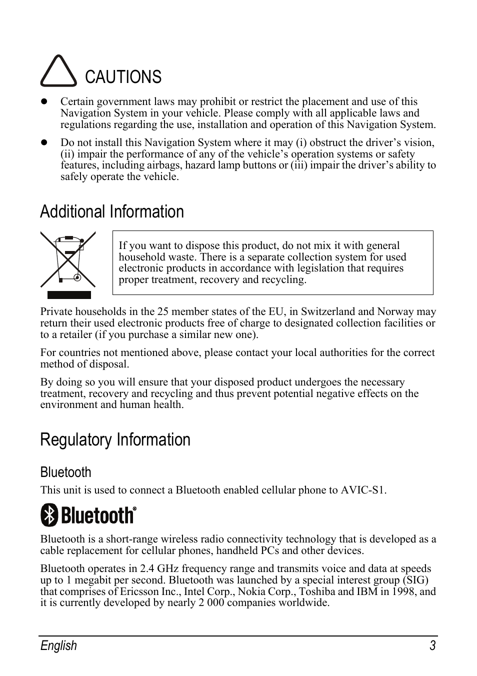 Cautions, Additional information, Regulatory information | Bluetooth, English 3 | Pioneer AVIC-S1 User Manual | Page 3 / 11