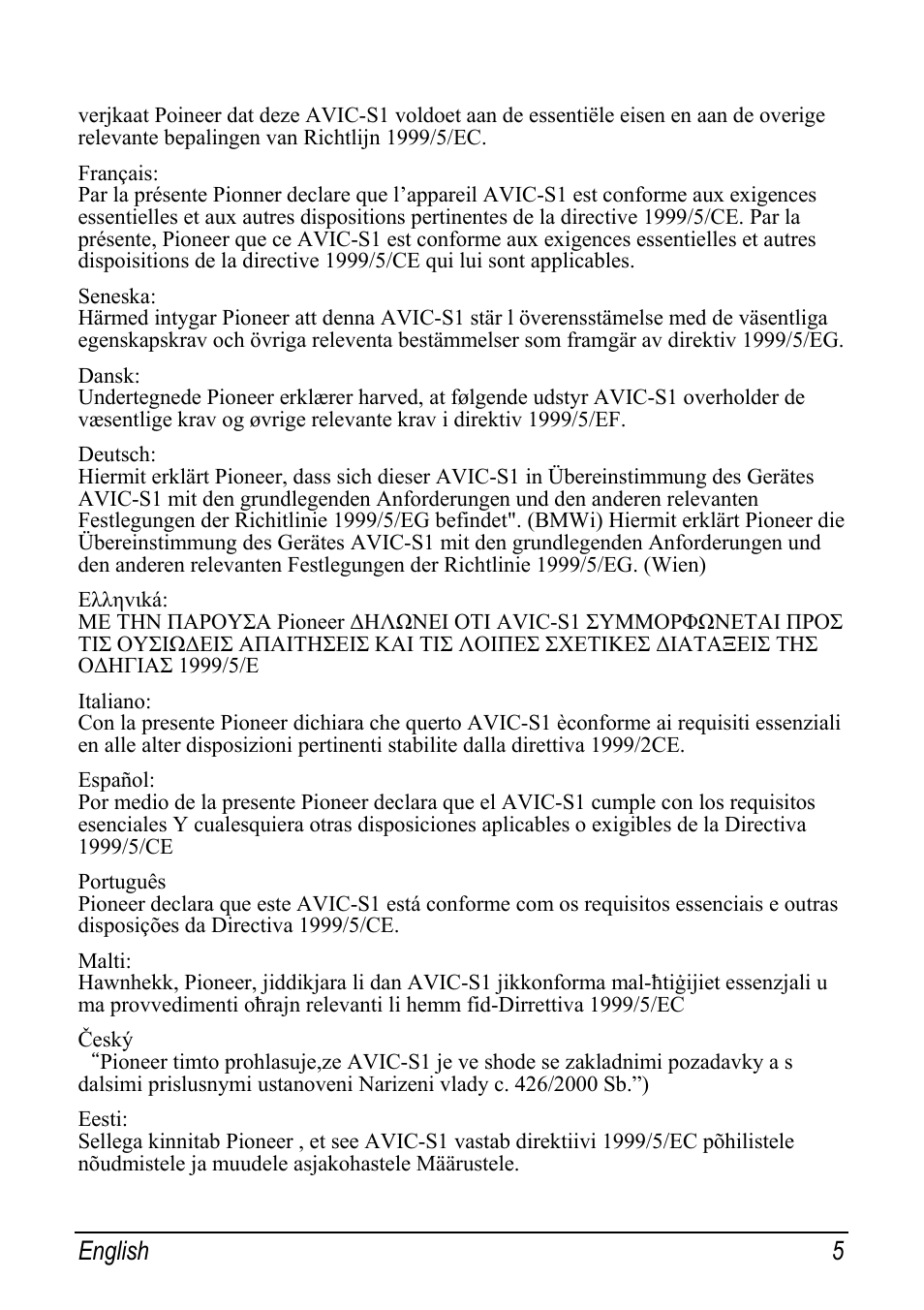 English 5 | Pioneer AVIC-S1 User Manual | Page 5 / 11