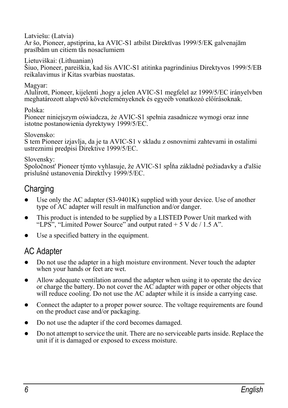 Charging, Ac adapter, 6 english | Pioneer AVIC-S1 User Manual | Page 6 / 11
