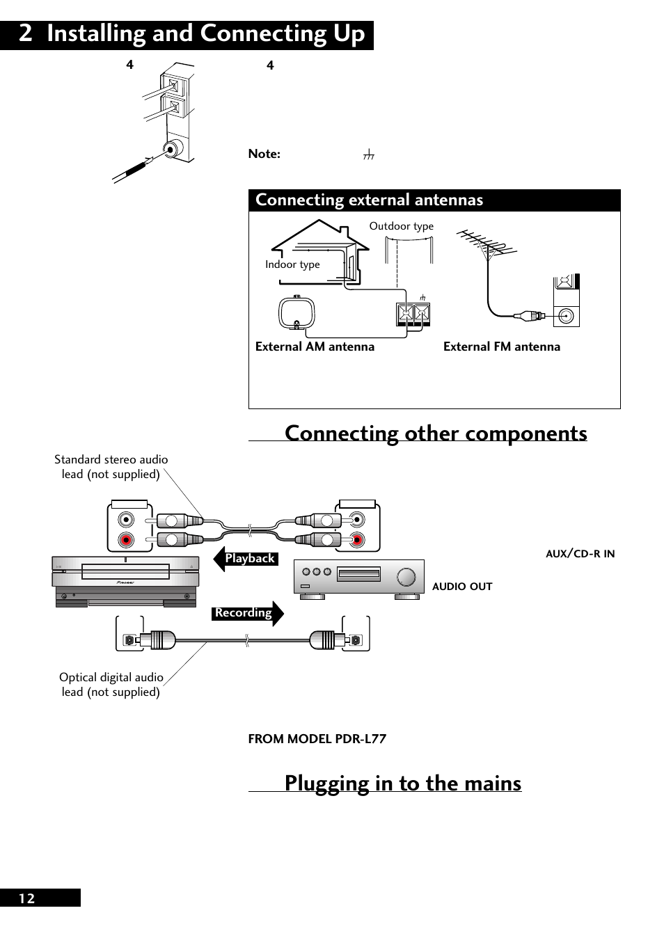 2 installing and connecting up, Connecting other components, Plugging in to the mains | Connecting external antennas | Pioneer CT-L77 User Manual | Page 12 / 48