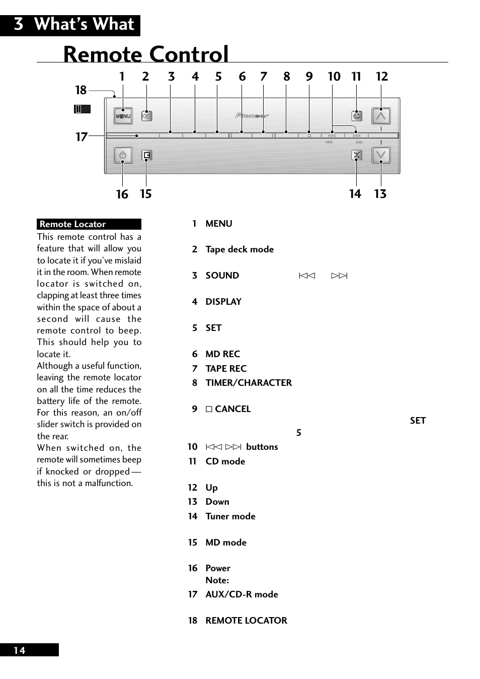 Remote control, 3 what’s what | Pioneer CT-L77 User Manual | Page 14 / 48