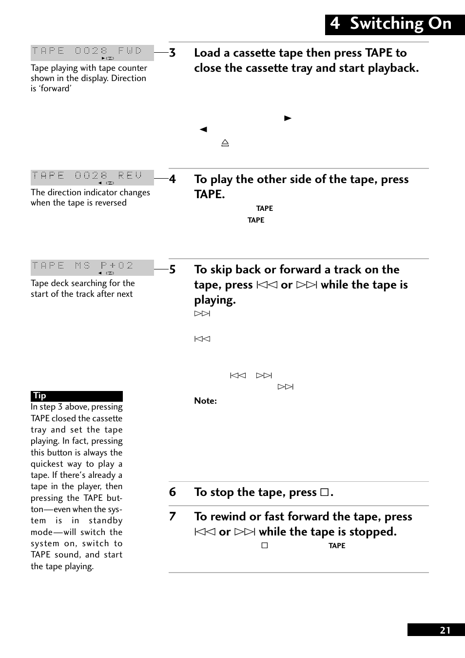 4 switching on, 4to play the other side of the tape, press tape | Pioneer CT-L77 User Manual | Page 21 / 48