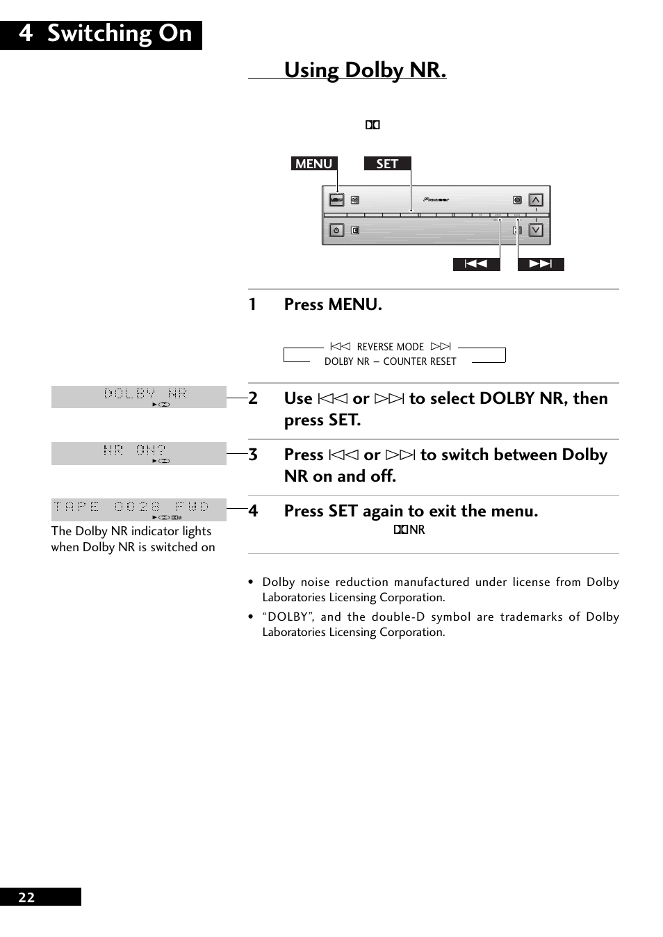 4 switching on, Using dolby nr, 1press menu | Pioneer CT-L77 User Manual | Page 22 / 48