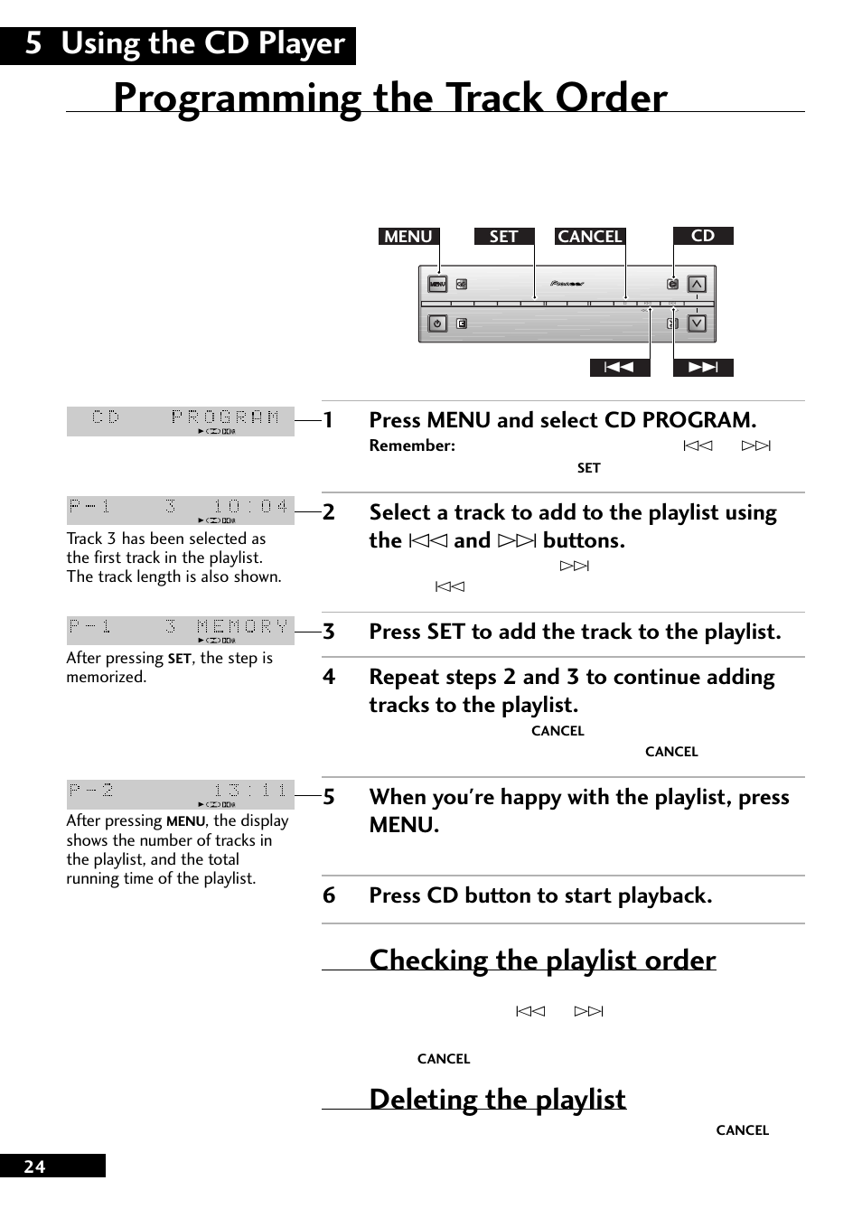 Programming the track order, 5 using the cd player, Checking the playlist order | Deleting the playlist, 1press menu and select cd program, 5when you're happy with the playlist, press menu, 6press cd button to start playback | Pioneer CT-L77 User Manual | Page 24 / 48