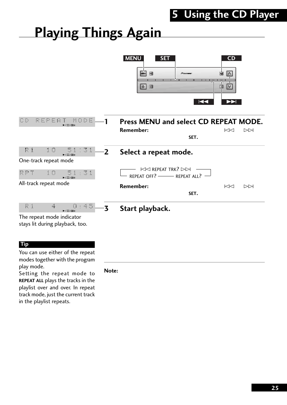 Playing things again, 5 using the cd player, 1press menu and select cd repeat mode | 2select a repeat mode, 3start playback | Pioneer CT-L77 User Manual | Page 25 / 48