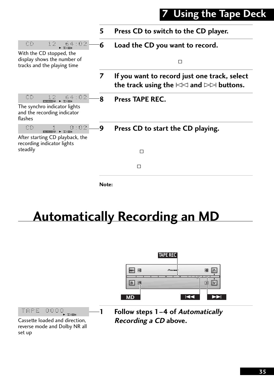 Automatically recording an md, 7 using the tape deck, Automatically recording a cd | 9press cd to start the cd playing, 1follow steps 1–4 of, Above | Pioneer CT-L77 User Manual | Page 35 / 48